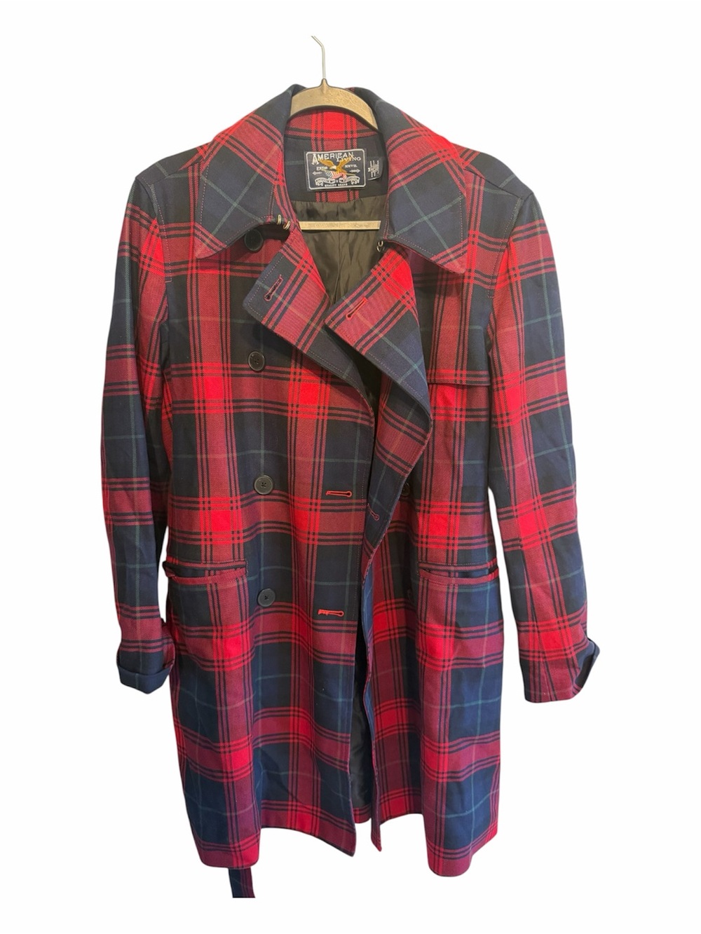 American Living Red & Navy Plaid Double-Breasted Trench Coat